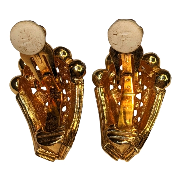 Vintage Designer Clip On Earrings Golden Tone Diomand Accent Beautiful ❤️ - Picture 7 of 12